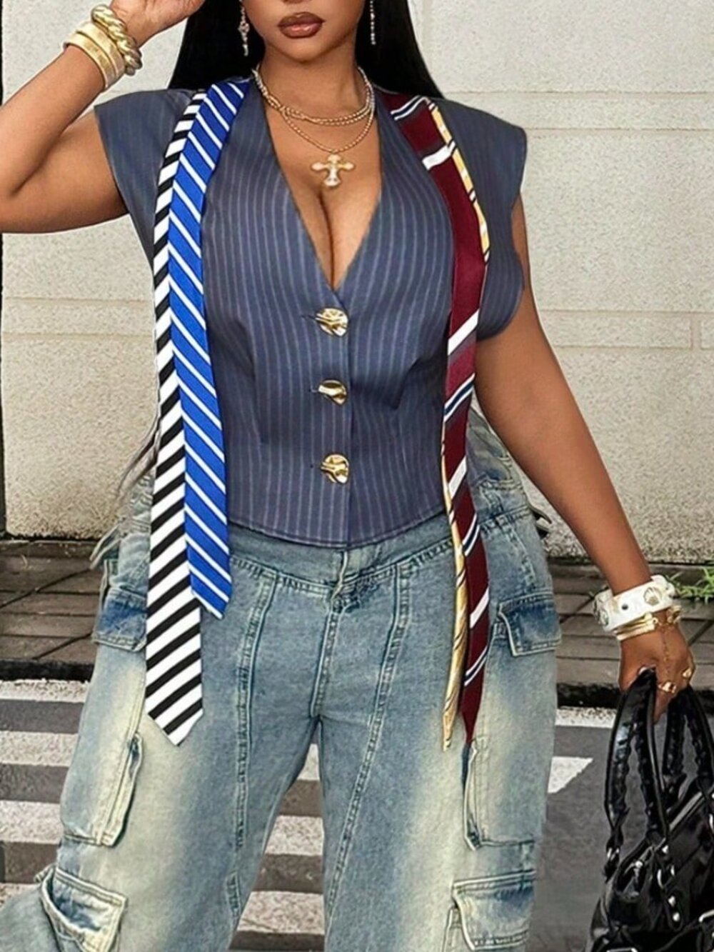 Grey Casual Women's Geometric Striped Batwing Asymmetrical Vest Top - Picture 4 of 7